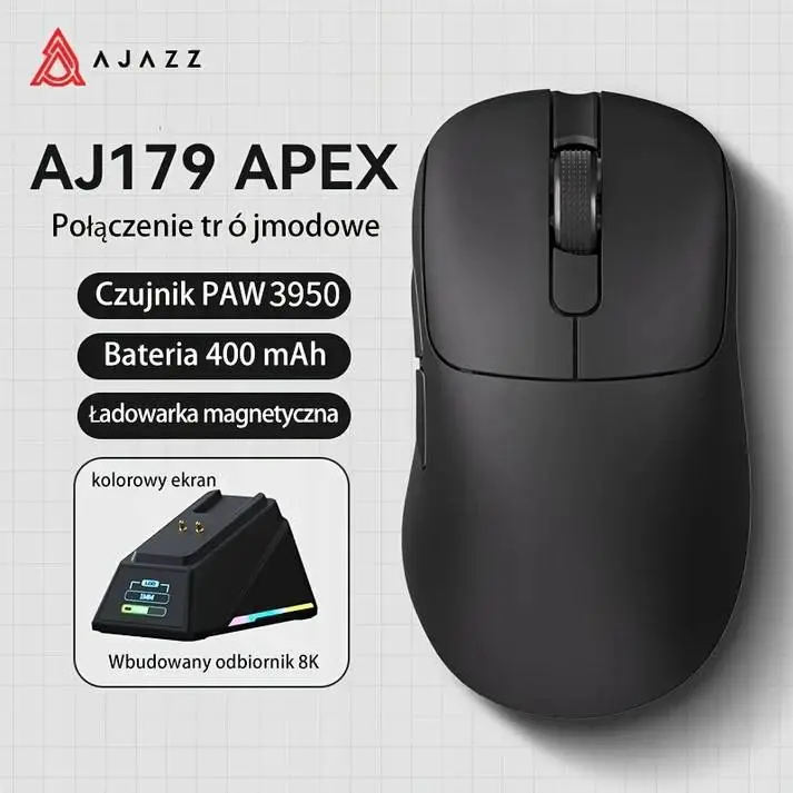 Ajazz професионална геймърска мишка AJ179 APEX - Wireless Gaming Mouse - 8K, Magnetic Charging Dock, White