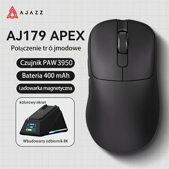 Ajazz професионална геймърска мишка AJ179 APEX - Wireless Gaming Mouse - 8K, Magnetic Charging Dock, White