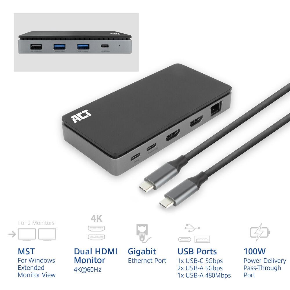 ACT Σταθμός σύνδεσης USB-C, 4K, 2 x HDMI, Ethernet, USB-C, 3x USB-A