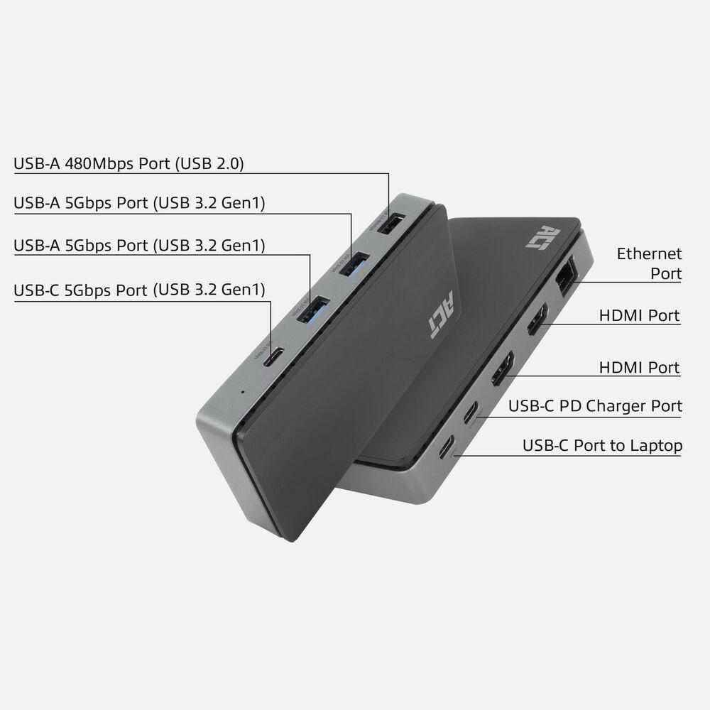 ACT Σταθμός σύνδεσης USB-C, 4K, 2 x HDMI, Ethernet, USB-C, 3x USB-A