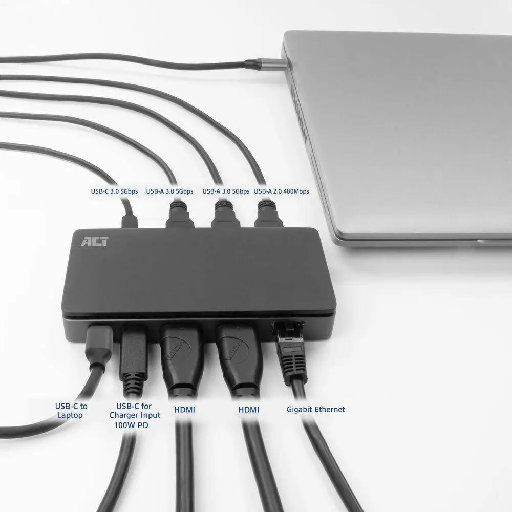 ACT Σταθμός σύνδεσης USB-C, 4K, 2 x HDMI, Ethernet, USB-C, 3x USB-A