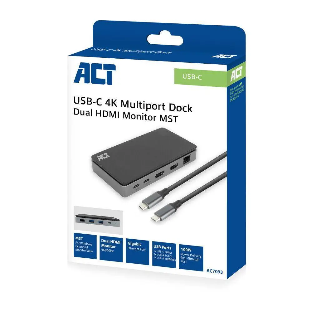 ACT Σταθμός σύνδεσης USB-C, 4K, 2 x HDMI, Ethernet, USB-C, 3x USB-A