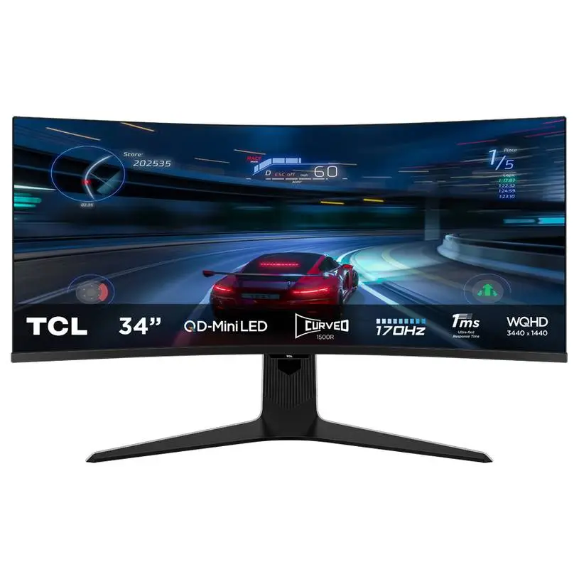 Геймърски монитор TCL Mini-LED, 3440 x 1440, 170Hz, 1ms, 1500R, 34", 1600cd/m2, HDR10 - (34R83Q)
