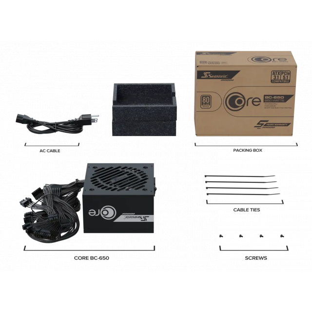 Захранващ блок Seasonic CORE BC 650W 80+ Bronze, ATX 3.1 - SS-PS-SSR-650W-CORE-BC