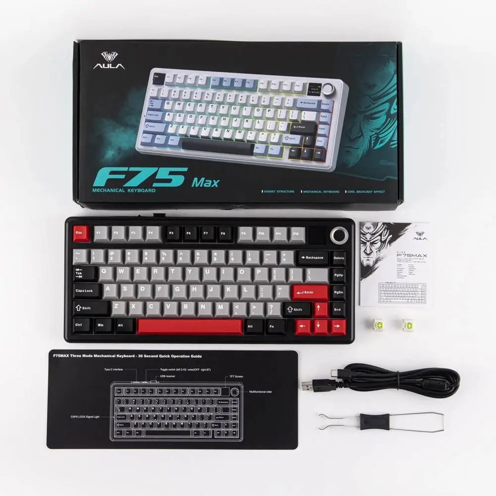Aula геймърска механична клавиатура Wireless Gaming Mechanical Keyboard F75 MAX - Reaper Switch [Linear] (English US), Black, Red