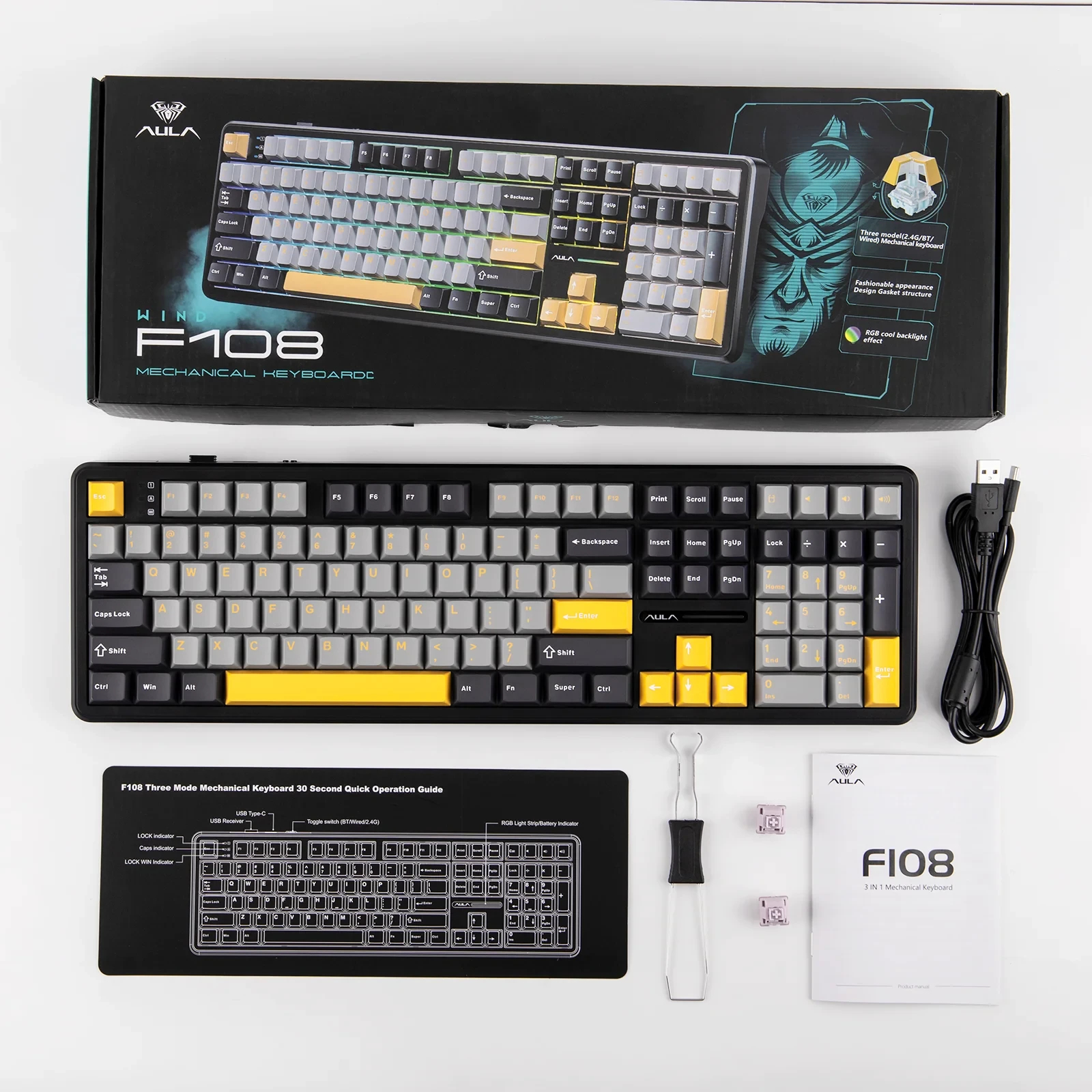 Aula Gaming Mechanische Tastatur Wireless Gaming Mechanical Keyboard F108 - Volcanic Switch [Linear] (English US), Schwarz, Grau