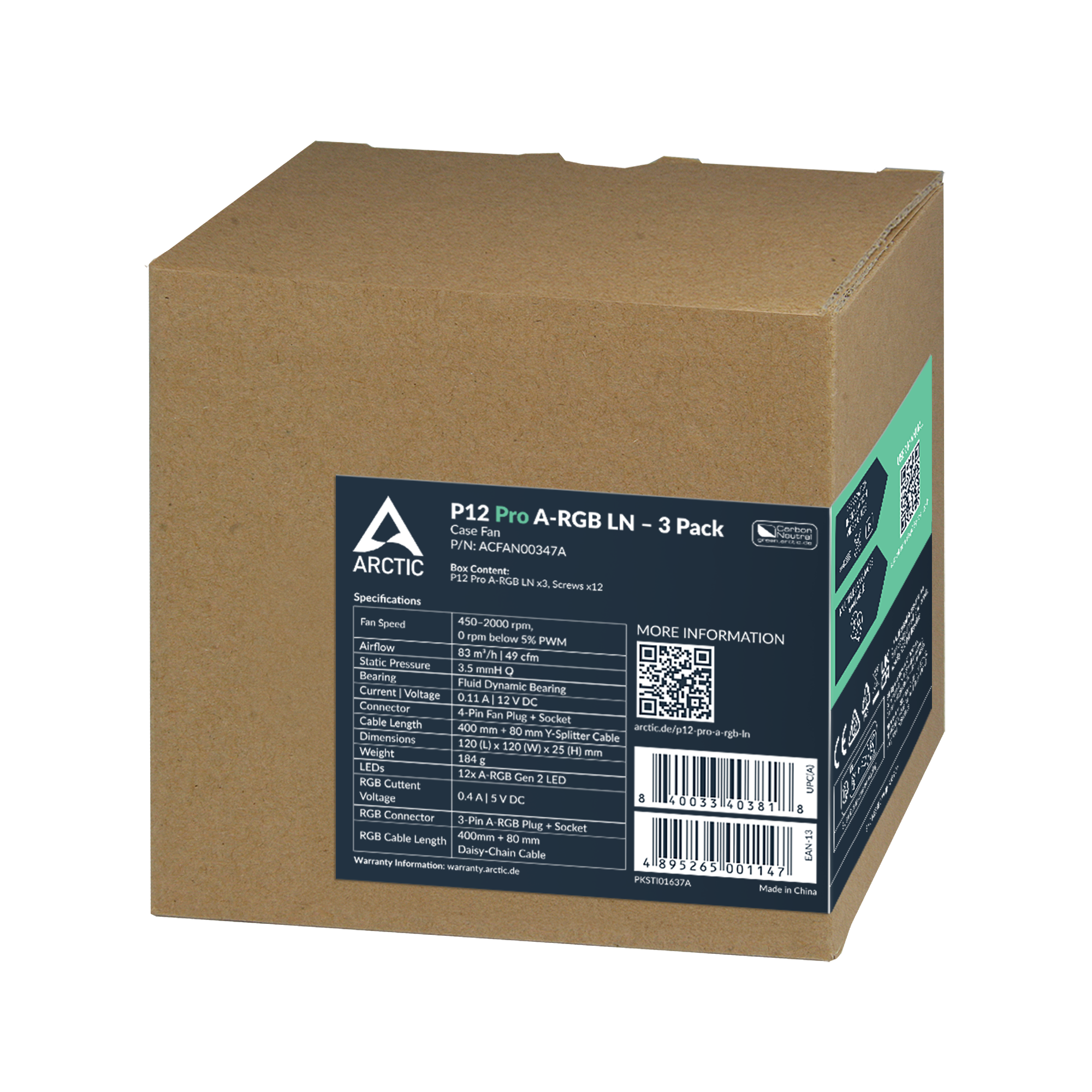 Pack de ventilateurs ARCTIC P12 Pro A-RGB LN 120mm PWM 3-Pack