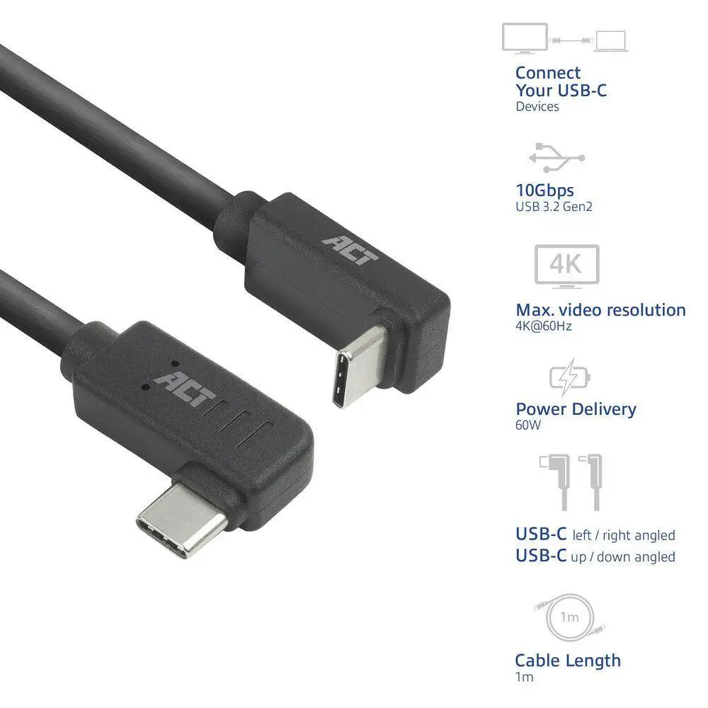 ACT Кабел USB-C - USB-C, 10Gbps, 60W, 1 m, конектори 90° left/right, up/down angled