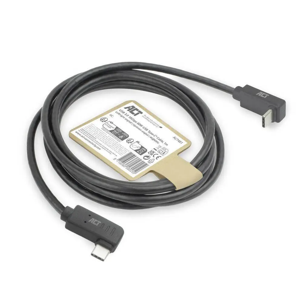 ACT Кабел USB-C - USB-C, 10Gbps, 60W, 1 m, конектори 90&deg; left/right, up/down angled