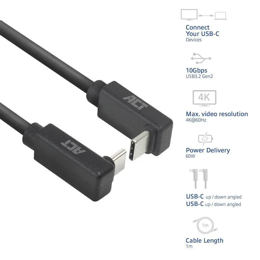 ACT Кабел USB-C 10Gbps, 60W, 1м, конектори на 90° up/down angled