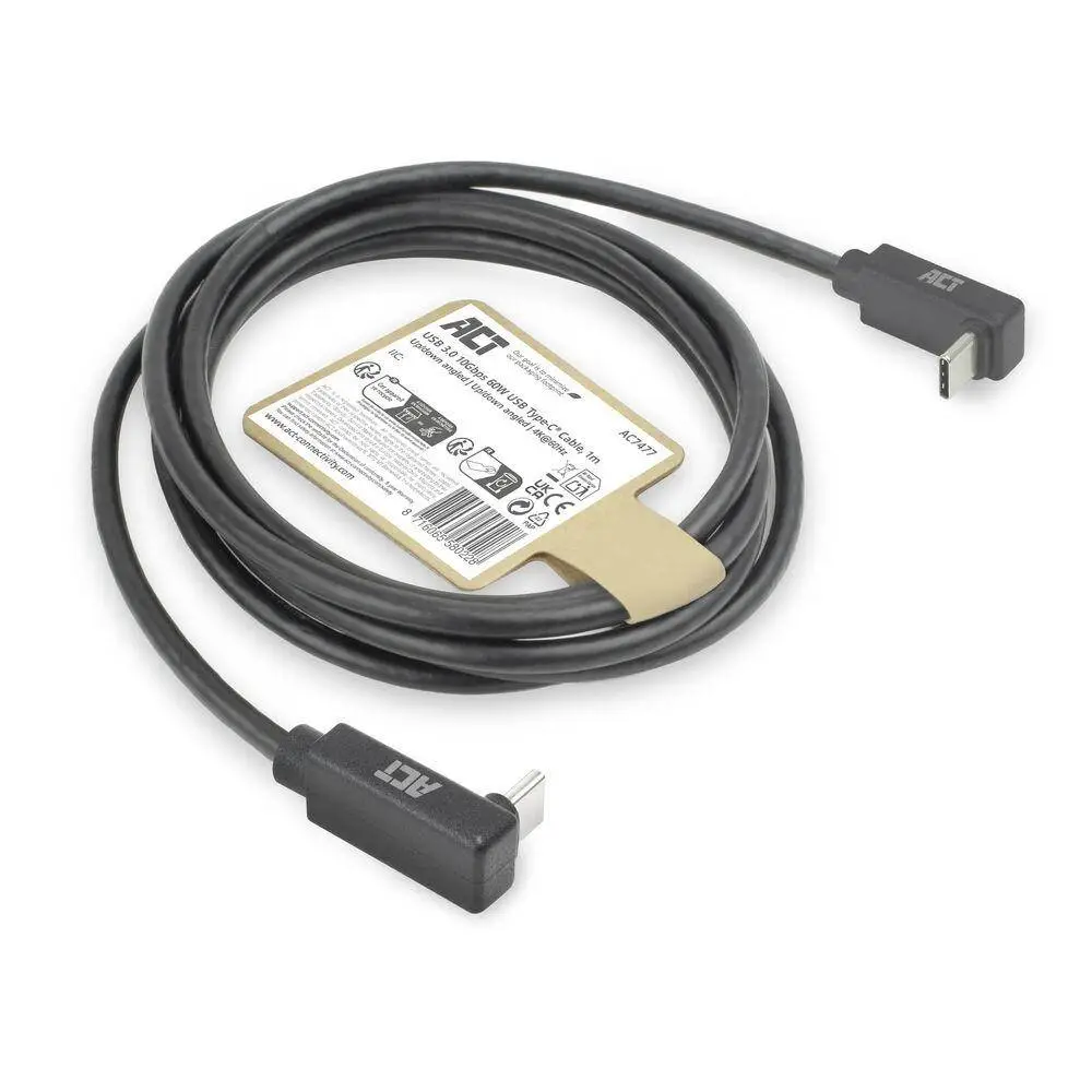 ACT Кабел USB-C 10Gbps, 60W, 1м, конектори на 90° up/down angled