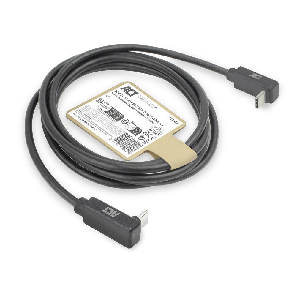 ACT Кабел USB-C 10Gbps, 60W, 1м, конектори на 90° up/down angled