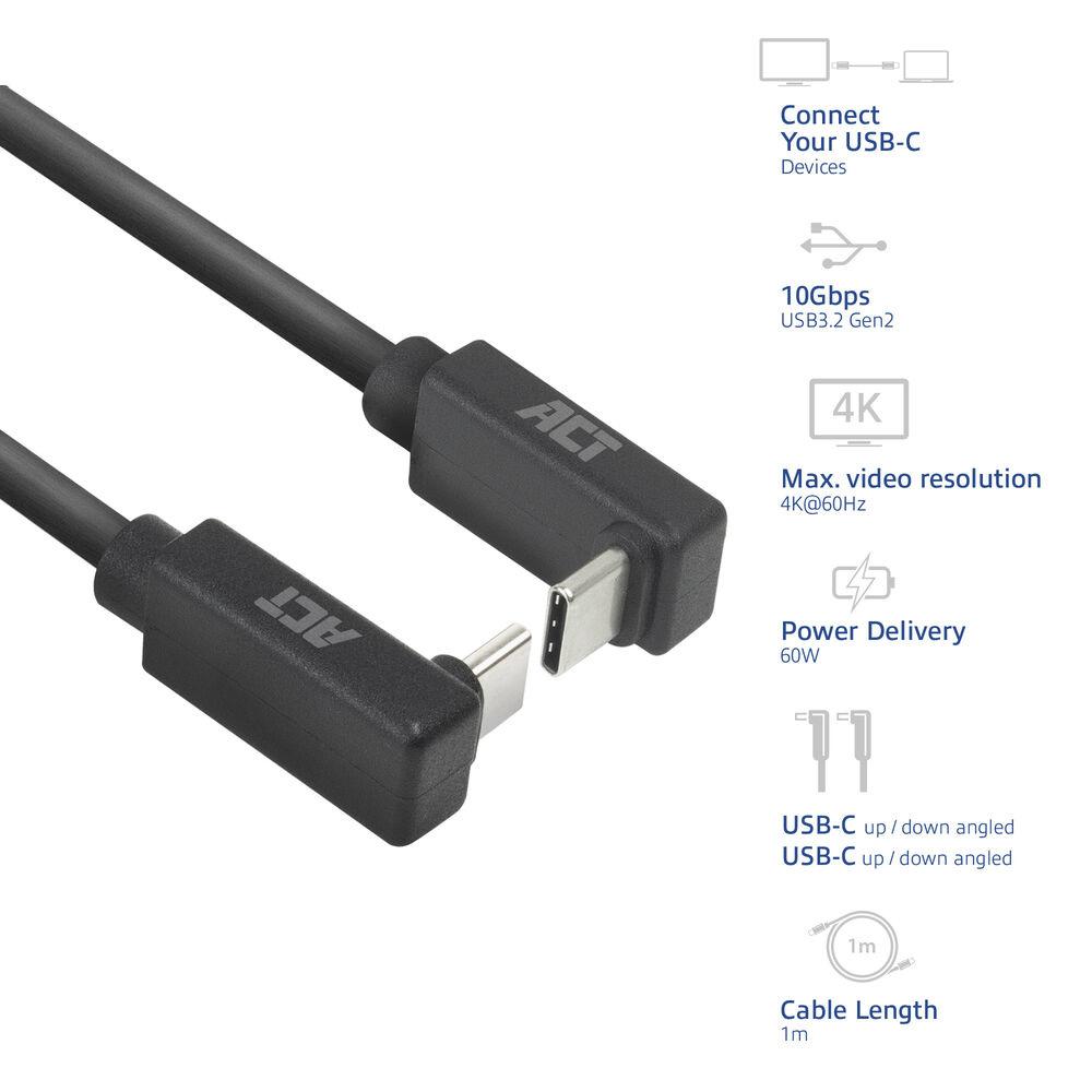 ACT Кабел USB-C 10Gbps, 60W, 0.5м, конектори на 90° up/down angled