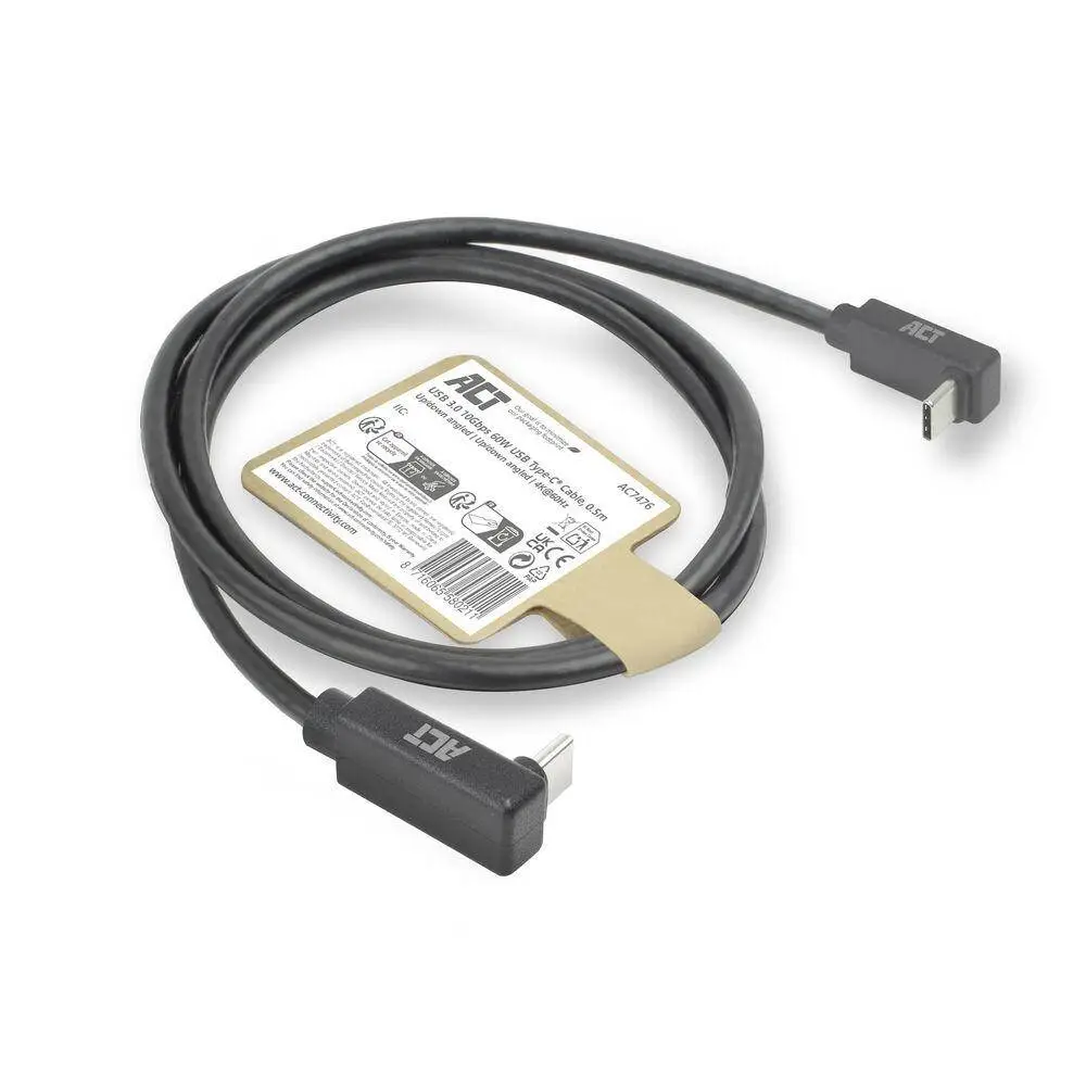 ACT Кабел USB-C 10Gbps, 60W, 0.5м, конектори на 90° up/down angled