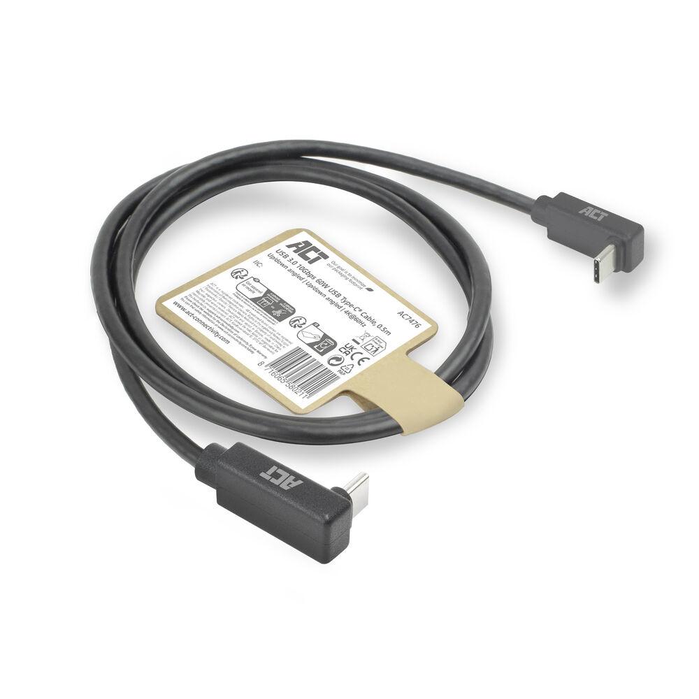 ACT Кабел USB-C 10Gbps, 60W, 0.5м, конектори на 90° up/down angled