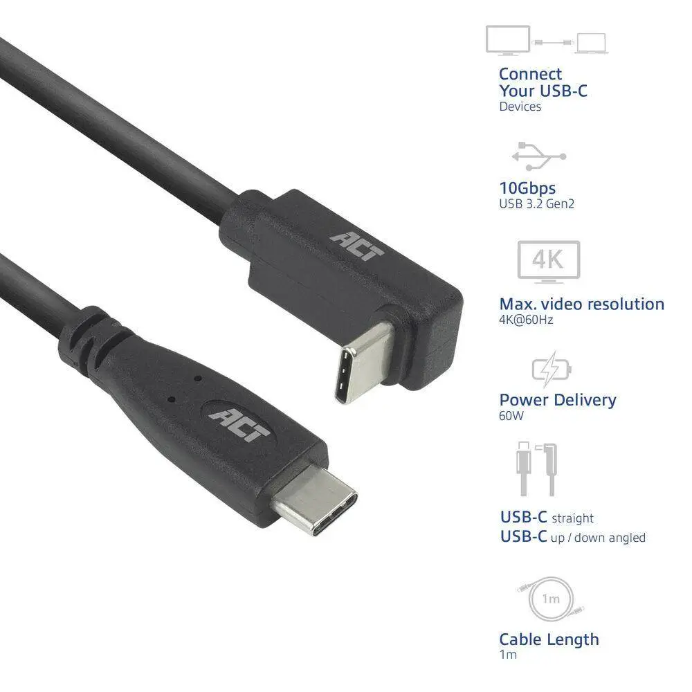 ACT Кабел USB-C - USB-C, 10Gbps, 60W, 1 м, конектори - един прав и един на 90° up/down angled