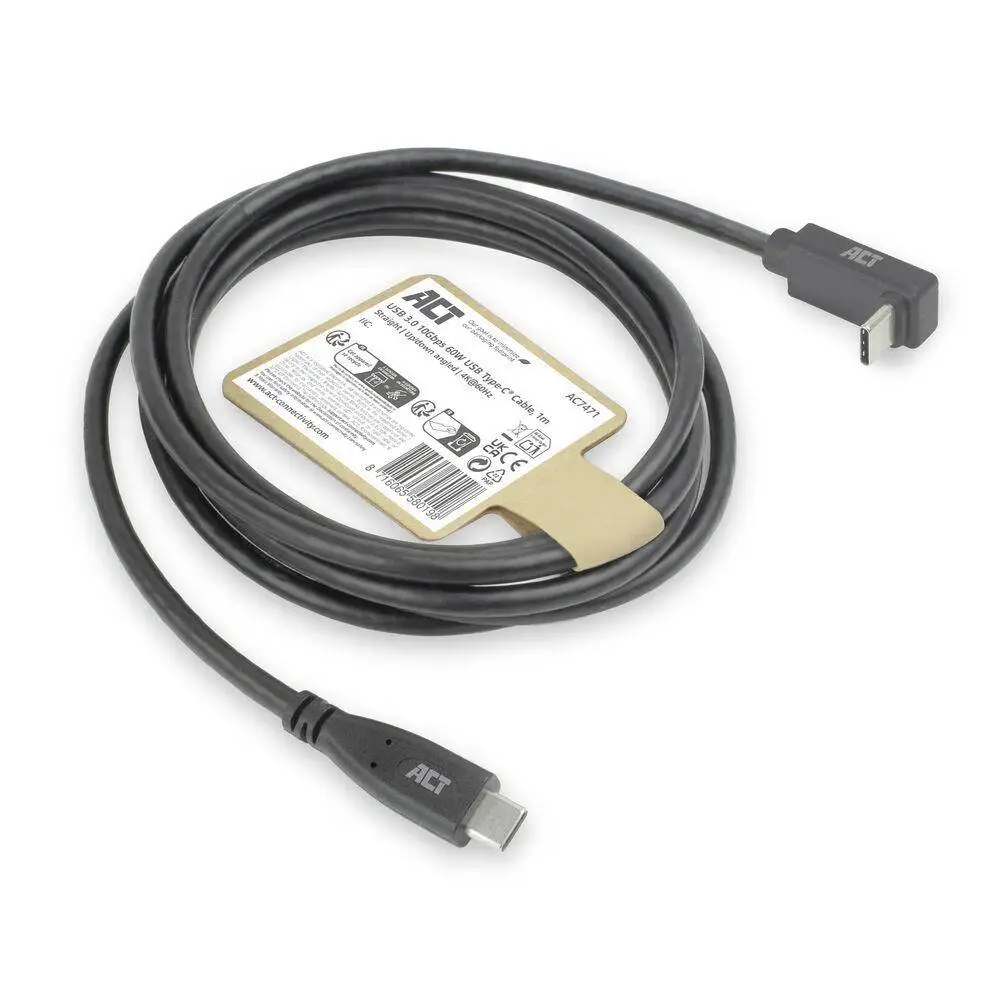 ACT Кабел USB-C - USB-C, 10Gbps, 60W, 1 м, конектори - един прав и един на 90° up/down angled
