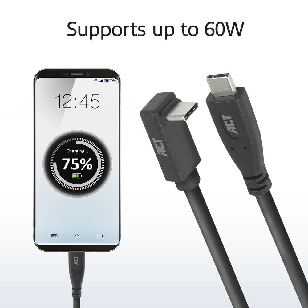 ACT Кабел USB-C - USB-C, 10Gbps, 60W, 1 м, конектори - един прав и един на 90° up/down angled