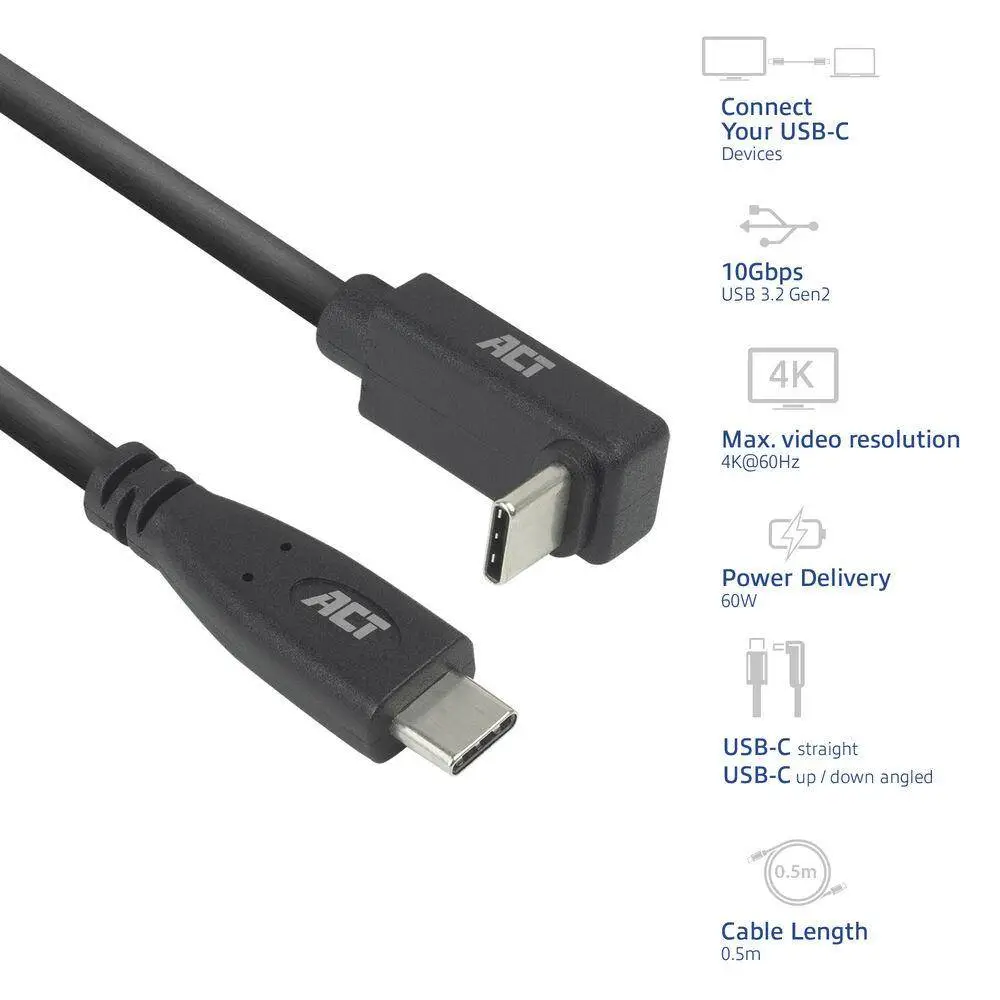 ACT Кабел USB-C - USB-C, 10Gbps, 60W, 0.5 м, конектори - 1x прав и 1x на 90° up/down angled