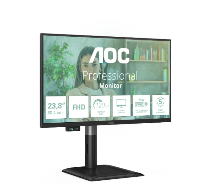 Монитор AOC 24P4U, 23.8" IPS WLED, 1920x1080@120Hz, 4ms GtG, 300cd m/2, 1500:1, 20M:1, Adaptive Sync, Anti Blue Light, FlickerFree, 2Wx2, Tilt, Height Adjust, Pivot, Swivel, D-SUB, HDMI, DP, USB hub