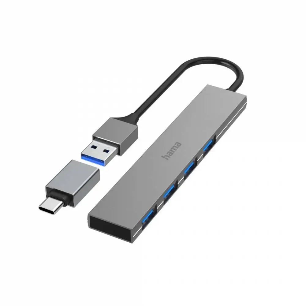 HAMA hub USB, 4 porte, USB 3.2 Gen 1, 5 Gbit/s, ultrafine, incluso adattatore USB-C