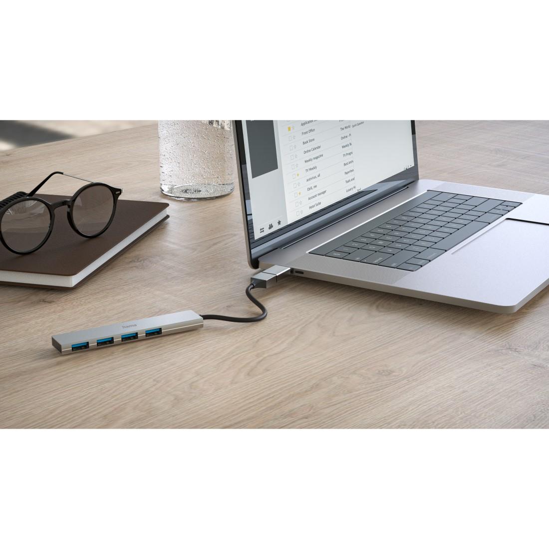 HAMA USB хъб, 4 порта, USB 3.2 Gen 1, 5 Gbit/s, ултратънък, вкл. USB-C адаптер