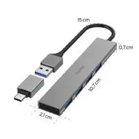 HAMA USB хъб, 4 порта, USB 3.2 Gen 1, 5 Gbit/s, ултратънък, вкл. USB-C адаптер