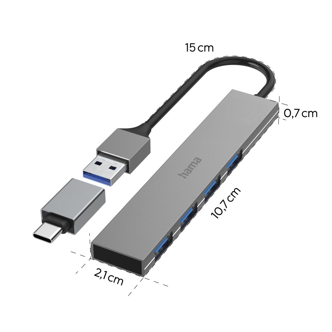 HAMA USB хъб, 4 порта, USB 3.2 Gen 1, 5 Gbit/s, ултратънък, вкл. USB-C адаптер