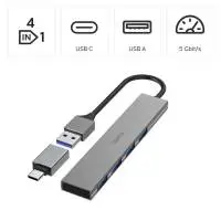 HAMA USB хъб, 4 порта, USB 3.2 Gen 1, 5 Gbit/s, ултратънък, вкл. USB-C адаптер