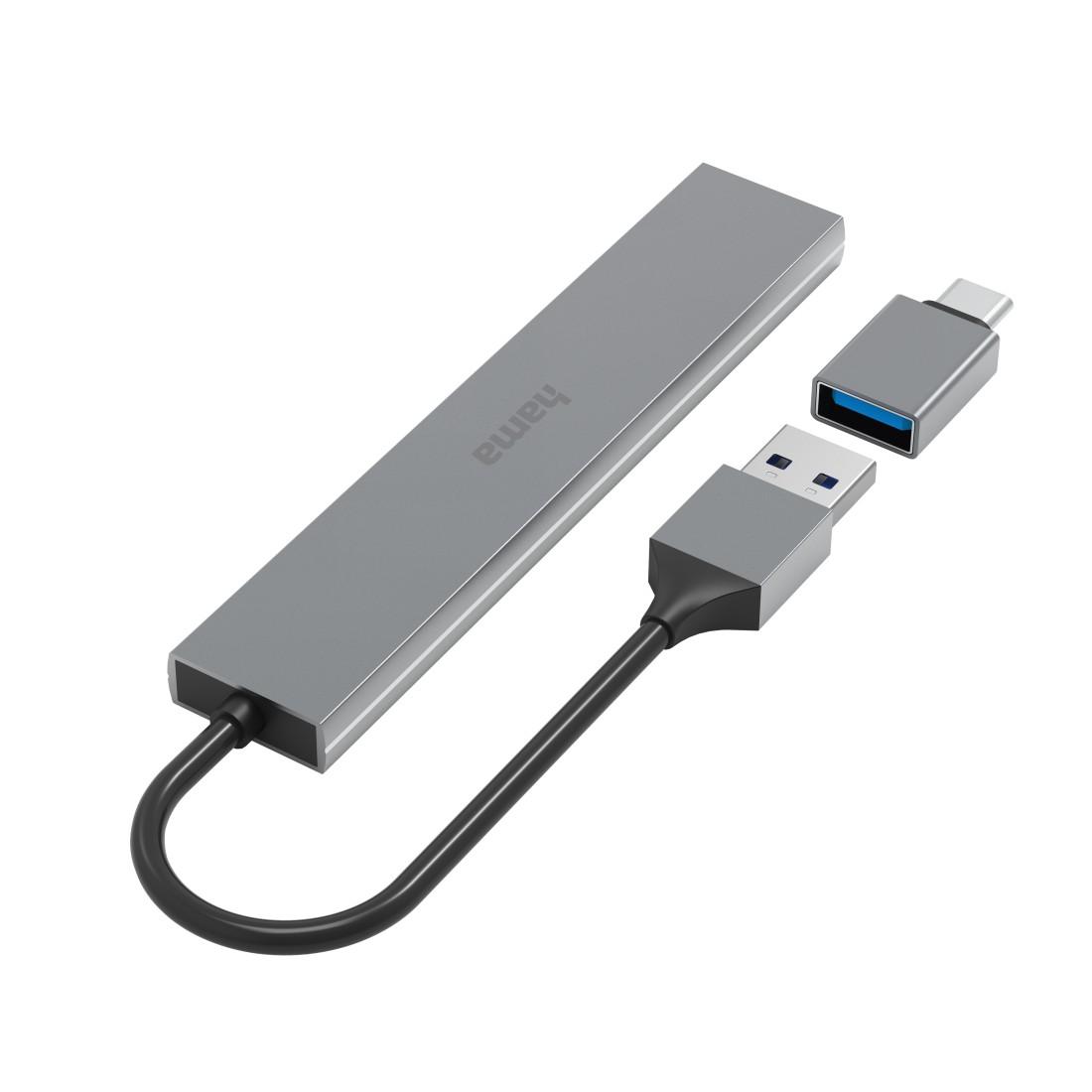 HAMA USB хъб, 4 порта, USB 3.2 Gen 1, 5 Gbit/s, ултратънък, вкл. USB-C адаптер