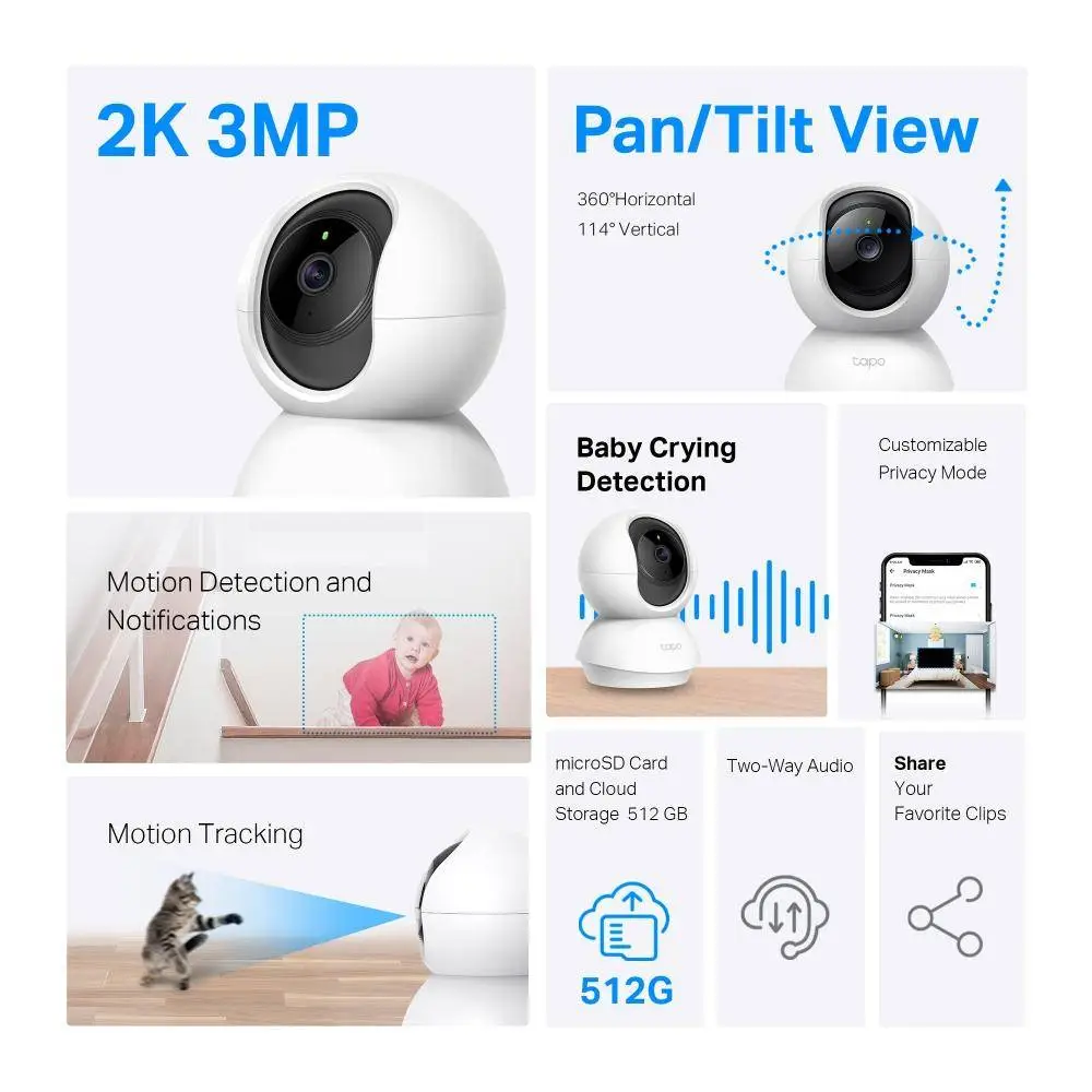 Охранителна WiFi камера TP-Link Tapo C210P2, 360°, Pan/Tilt - 2бр