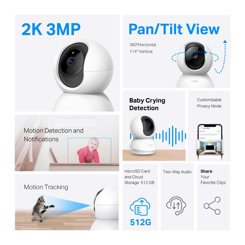 Охранителна WiFi камера TP-Link Tapo C210P2, 360°, Pan/Tilt - 2бр