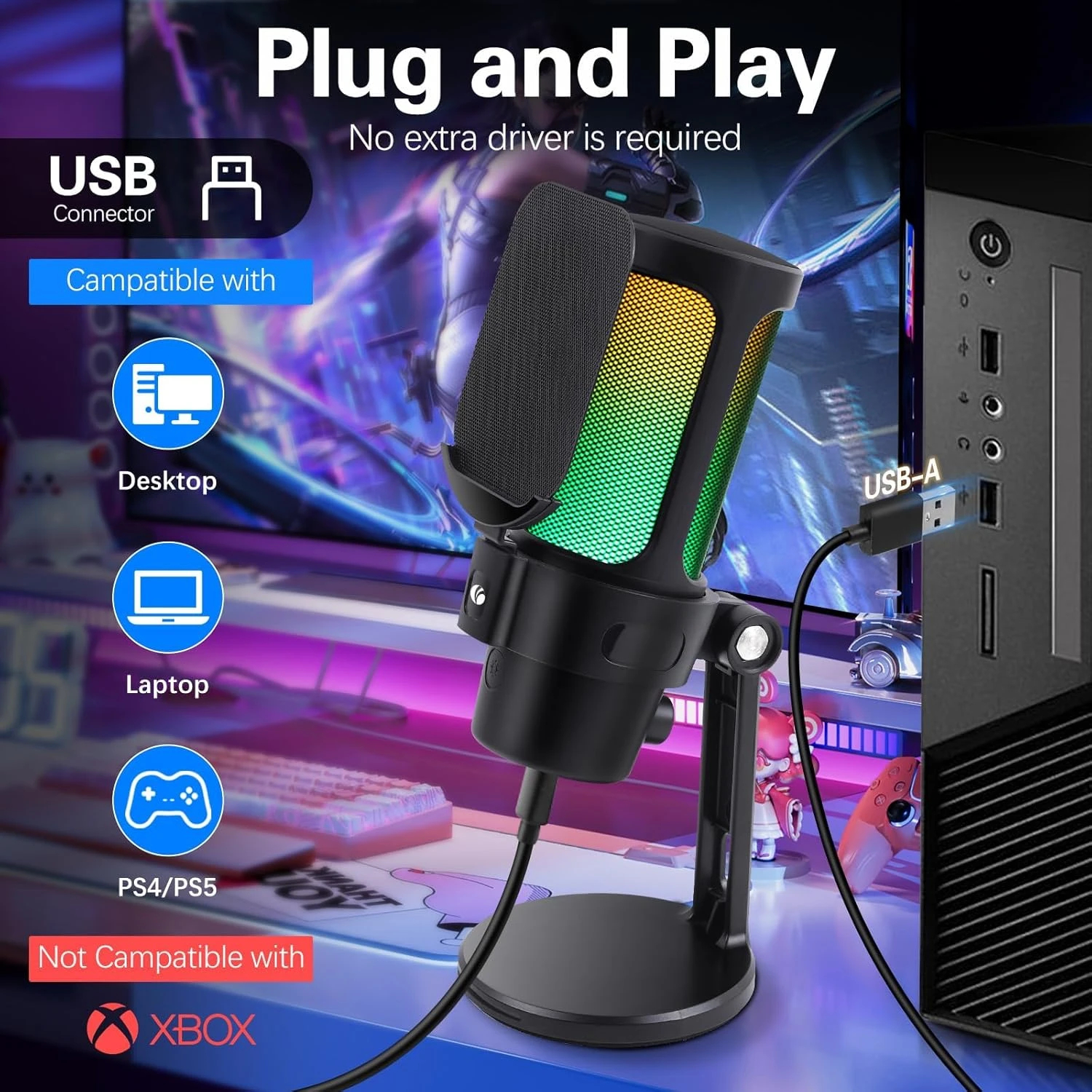 VCom Геймърски микрофон Gaming USB Microphone - VCOM-M902 Black - USB, RGB