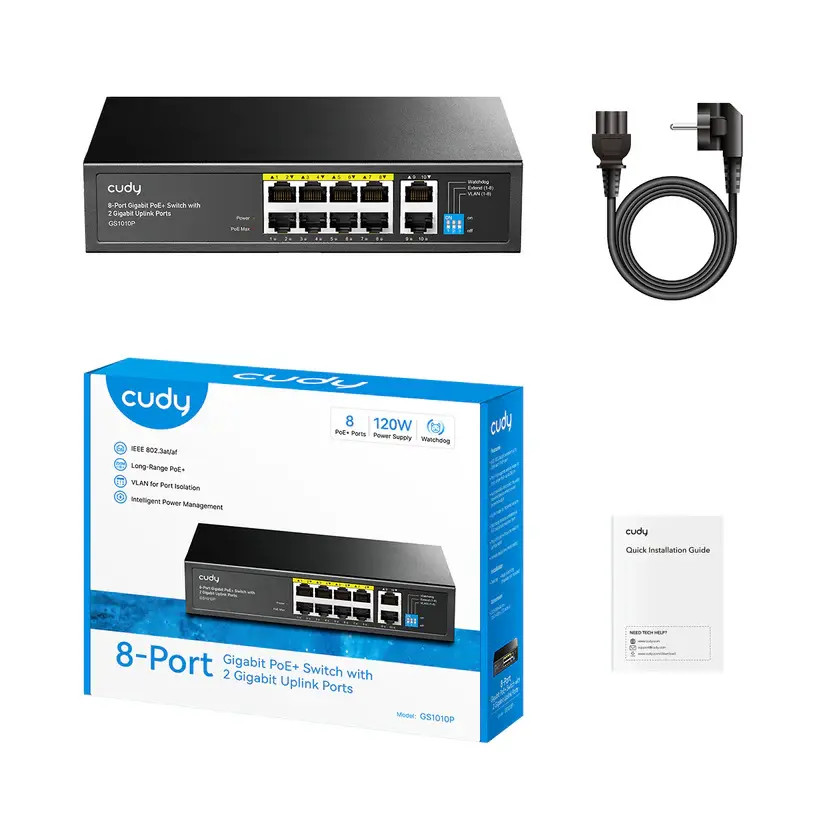 Суїч Cudy GS1010P V3.0 , 8-портовий 10/100/1000 Mbps RJ 45, 2xUplink порти - Чорний