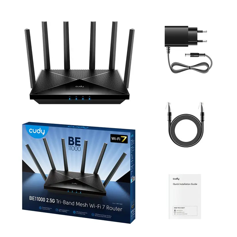 Безжичен рутер Cudy BE11000 Tri Band Wi-Fi 7, 4x2.5Gbps порт, 6x5dBi антени