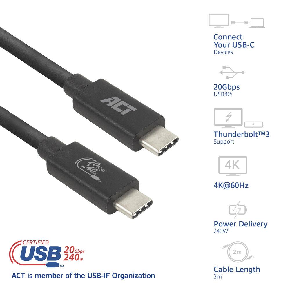 ACT Кабель USB-C - USB-C, 2 м / USB4, 20Gbps, 240W, сертифицированный USB-IF