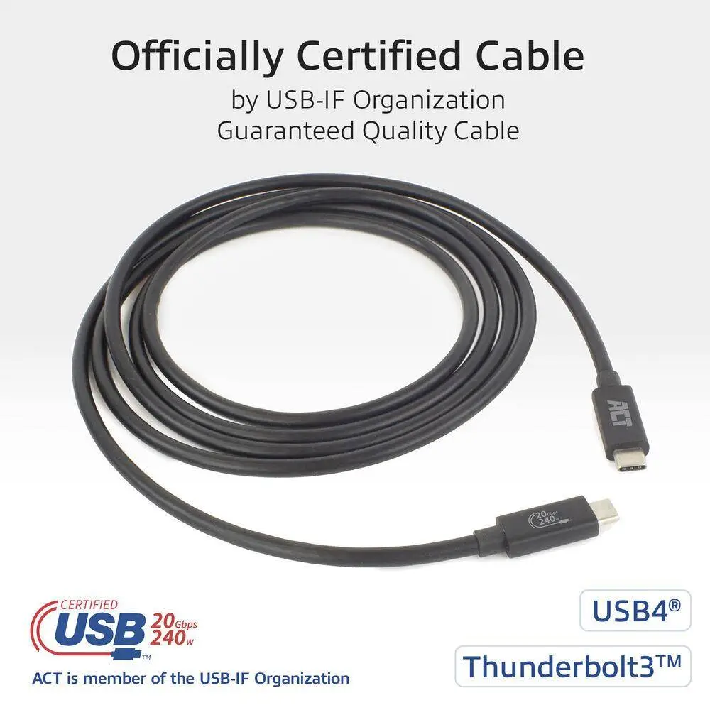 ACT Кабел USB-C - USB-C, 2 м / USB4, 20Gbps, 240W, сертифициран USB-IF