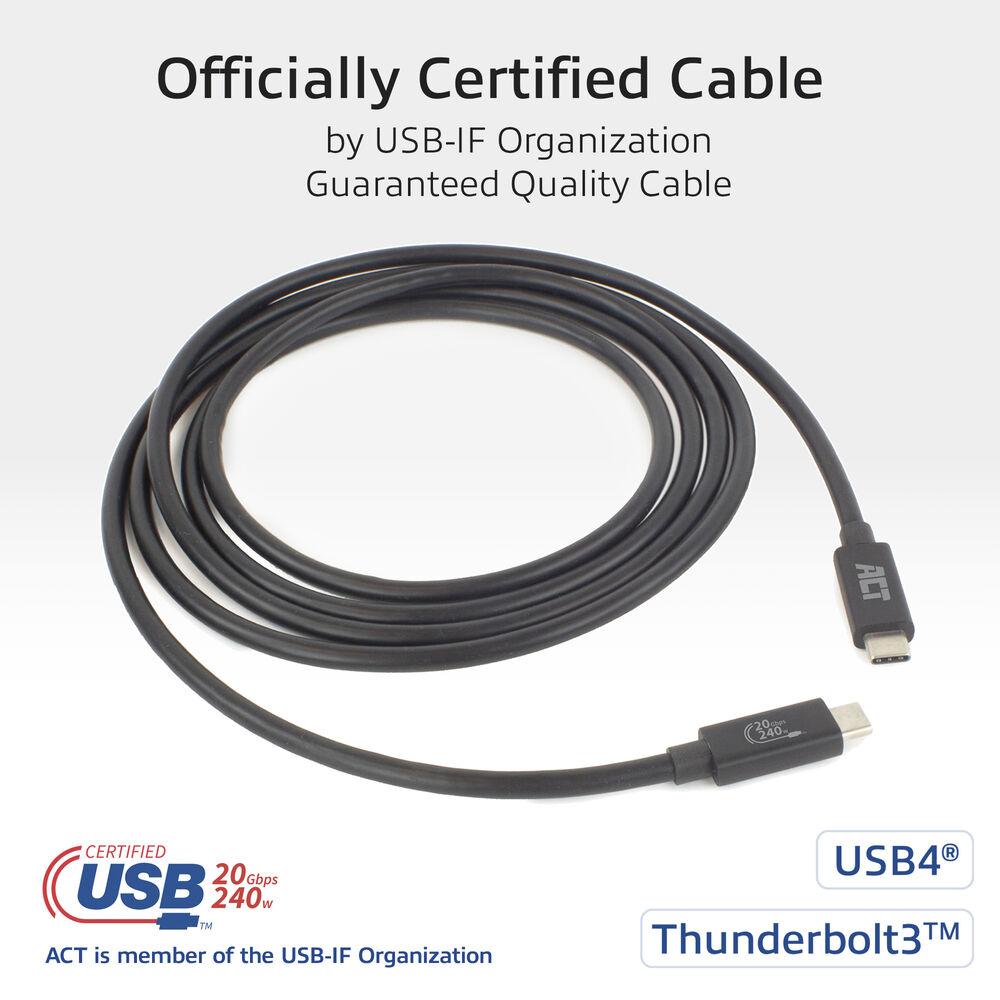 ACT Кабель USB-C - USB-C, 2 м / USB4, 20Gbps, 240W, сертифицированный USB-IF