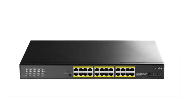 Суич Cudy GS1028PS2, 24 портов, 10/100/1000, 24&times; GbE with 802.3at/af PoE, 2&times; Uplink SFP, Default/VLAN/Extend Modes , за 19" rack