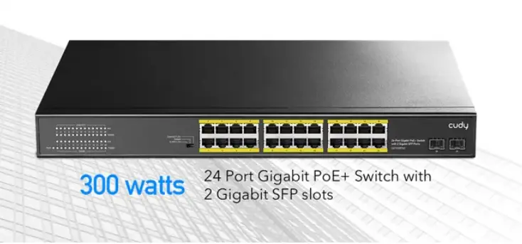Суич Cudy GS1028PS2, 24 портов, 10/100/1000, 24× GbE with 802.3at/af PoE, 2× Uplink SFP, Default/VLAN/Extend Modes , за 19" rack