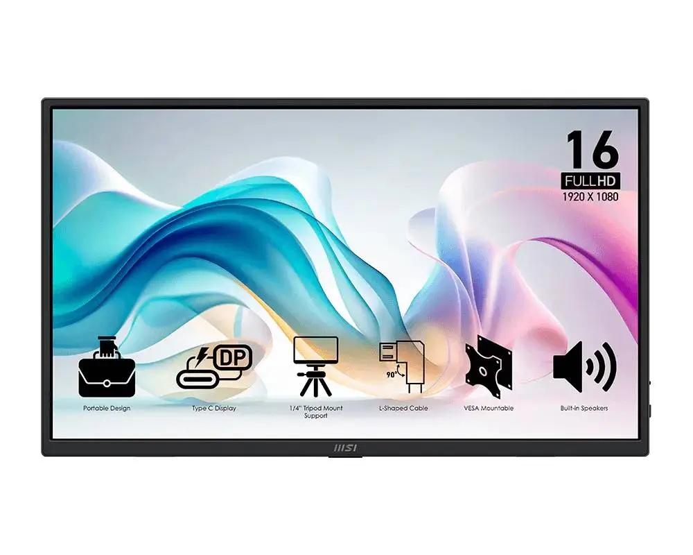 Монитор MSI PRO MP165 E6 Portable Monitor, 15.6", 4ms, 60Hz IPS, 1920x1080, EyesErgo, Anti-flicker, Less Blue Light, 250nits AG, 16.7M, 1000:1, 2xType-C(15W), HDMI(2.0b), 2x1W, Tilt, VESA 75, Black, 0.78kg