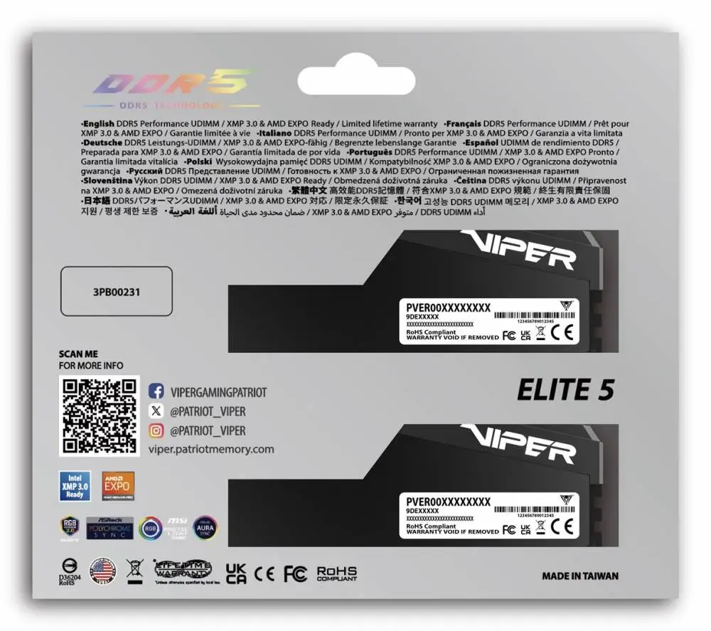 Памет Patriot Viper Elite 5 Ultra RGB 32GB (2x16GB) DDR5 6000MHz CL28 XMP/EXPO - VEUR532G6028K