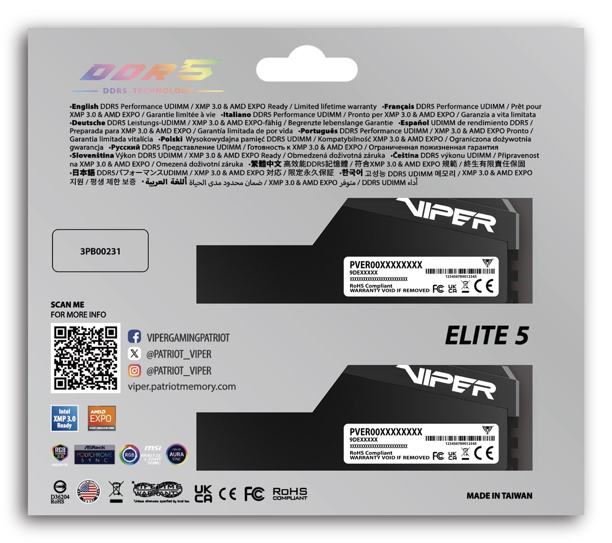 Памет Patriot Viper Elite 5 Ultra RGB 32GB (2x16GB) DDR5 6000MHz CL28 XMP/EXPO - VEUR532G6028K