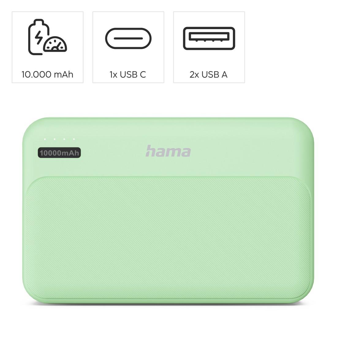 HAMA Външна батерия "Pocket 10", 10000 mAh, Изходи: 2x USB-A, зелена