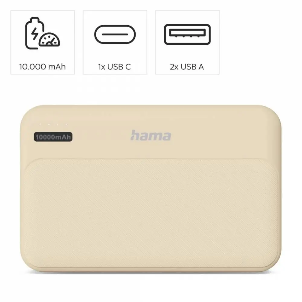 HAMA Външна батерия "Pocket 10", 10000 mAh, Изходи: 2x USB-A, бежов