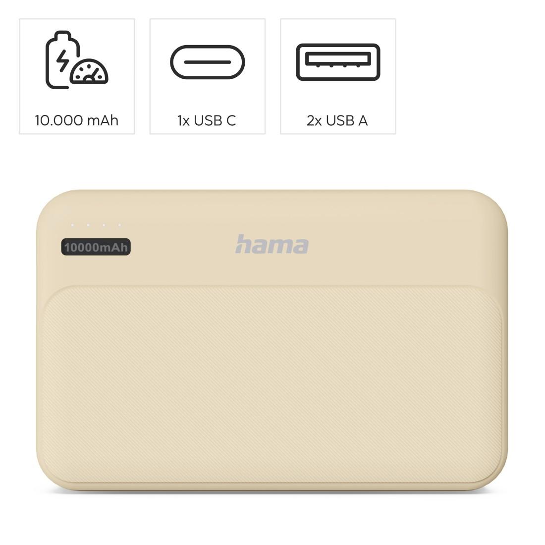 HAMA Външна батерия "Pocket 10", 10000 mAh, Изходи: 2x USB-A, бежов