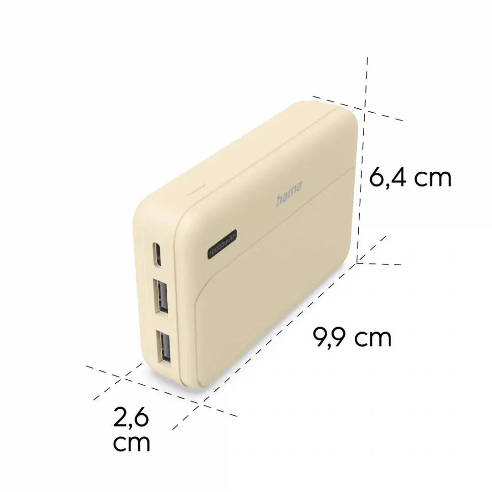HAMA Външна батерия "Pocket 10", 10000 mAh, Изходи: 2x USB-A, бежов