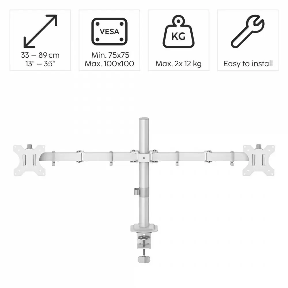 HAMA Стойка за 2 монитора за бюро, регулируема, 13" - 35", 12 кг, Бял