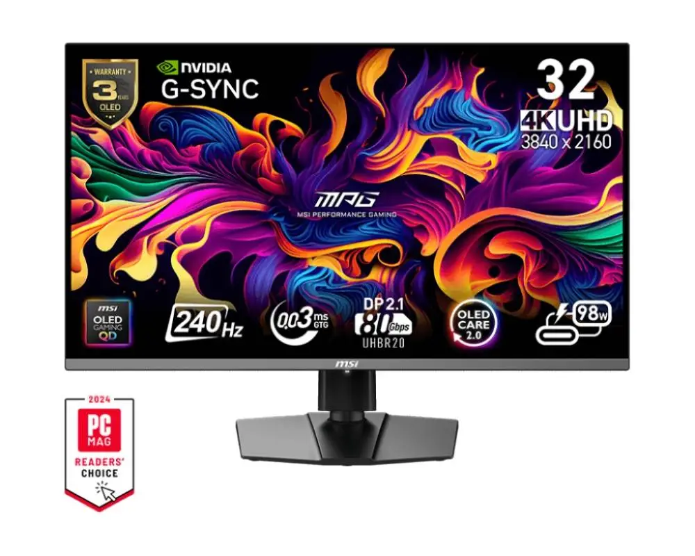 Монитор MSI MPG 322URX QD-OLED Gaming Monitor, 31.5", 0.03ms, 240Hz, 3840x2160, G-SYNC, AMD FreeSync Premium Pro, HDR True Black 400, Type-C(98W PD), DP(2.1a), 2xHDMI(2.1), USB Hub, lack - 9S6-3DD29A-058