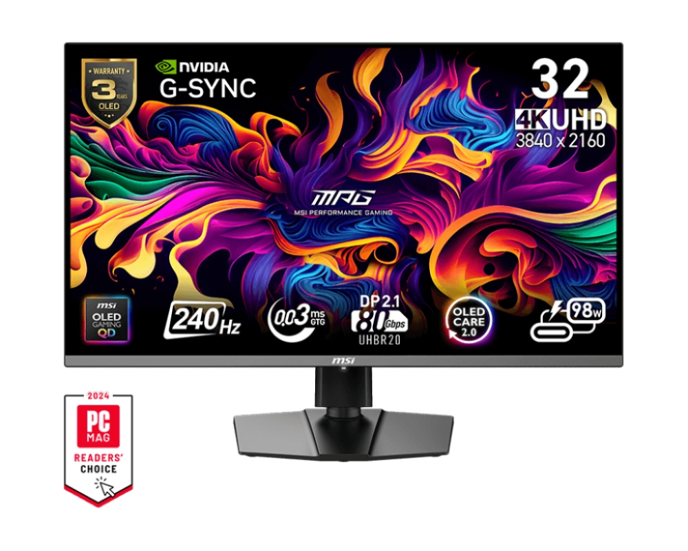 Монитор MSI MPG 322URX QD-OLED Gaming Monitor, 31.5", 0.03ms, 240Hz, 3840x2160, G-SYNC, AMD FreeSync Premium Pro, HDR True Black 400, Type-C(98W PD), DP(2.1a), 2xHDMI(2.1), USB Hub, lack - 9S6-3DD29A-058